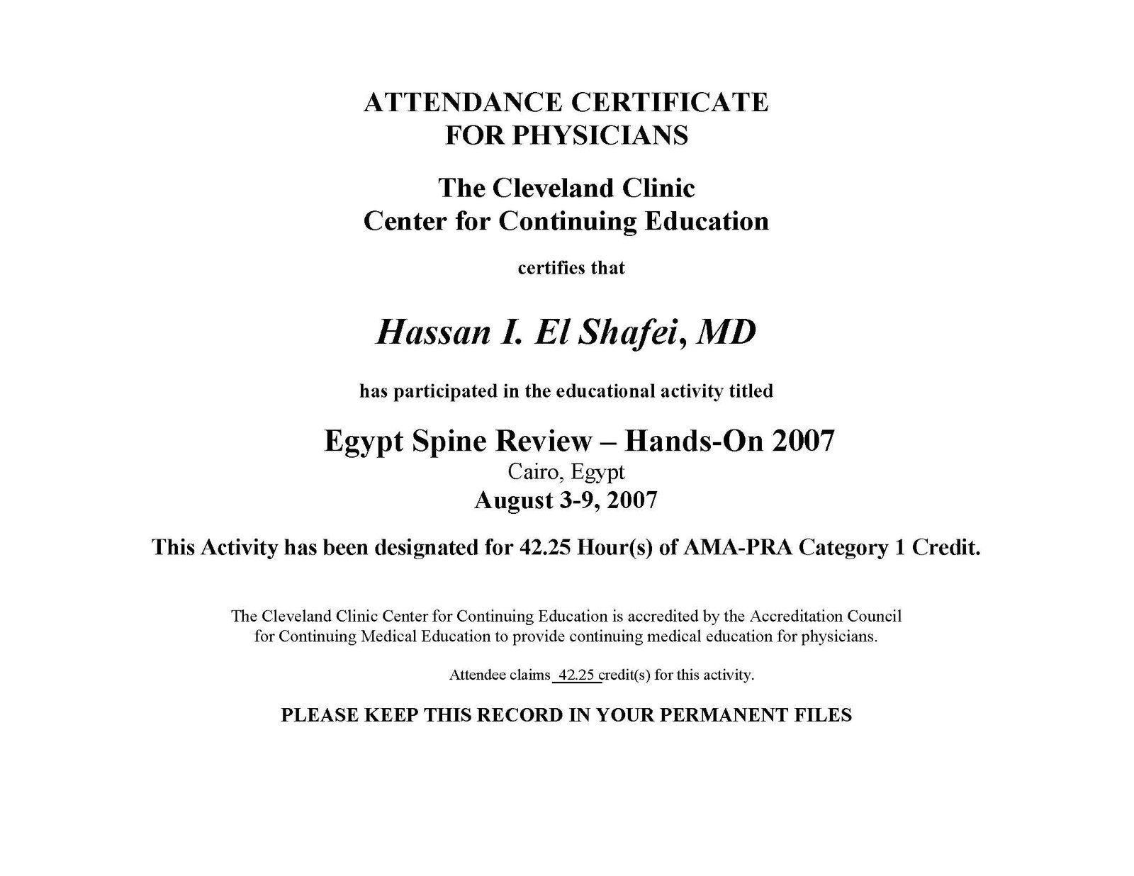 Cleveland Spine Review Certificate 2007