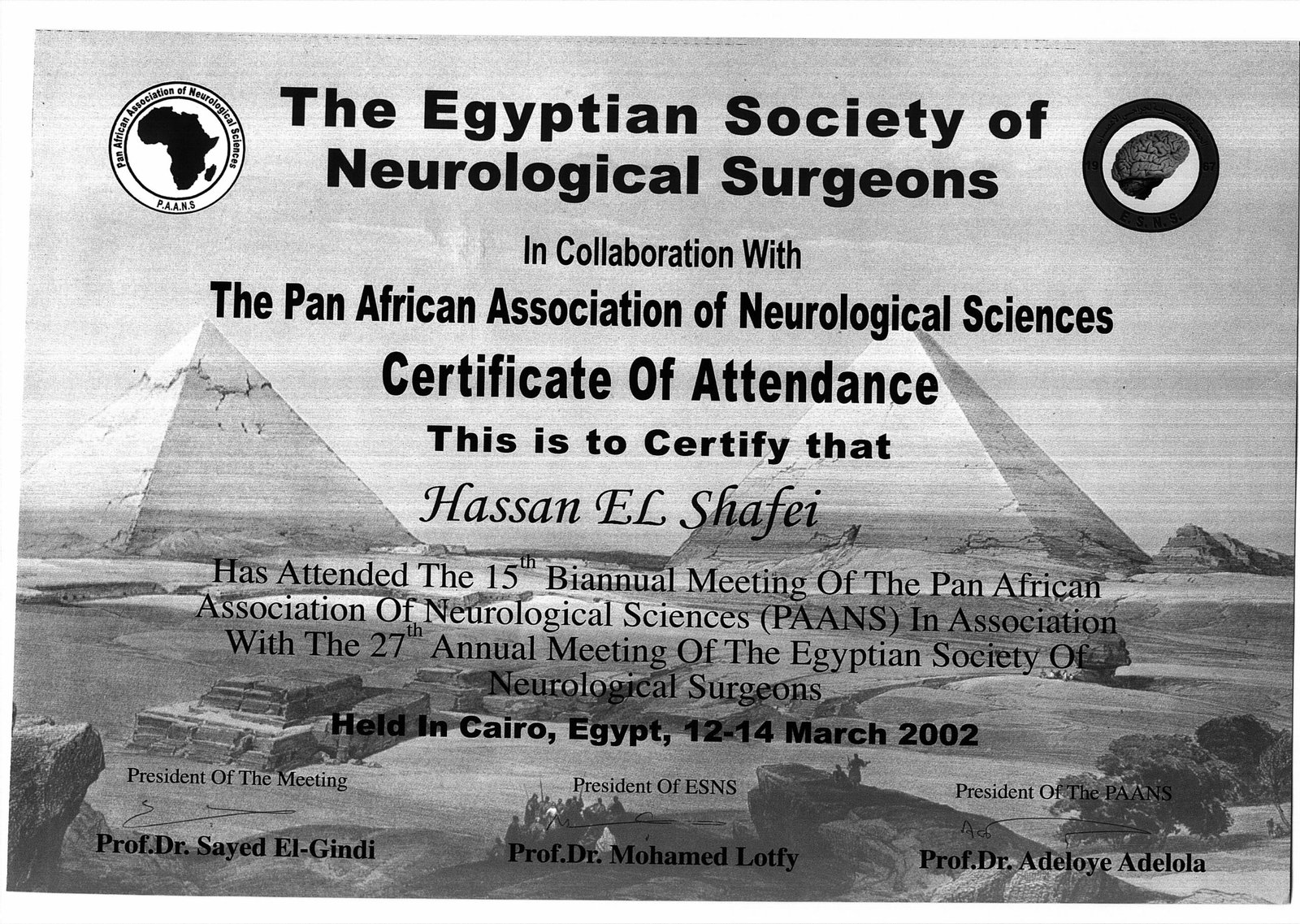 Egyptian Society of Neurological Surgeons 12-14 March 2002